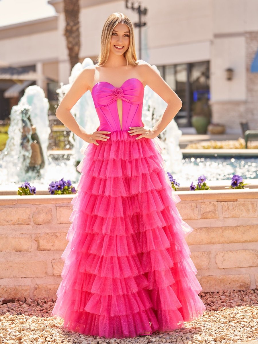 Rozara | Fuchsia A-Line Sweetheart Keyhole Tiered Tulle Long Prom Dresses