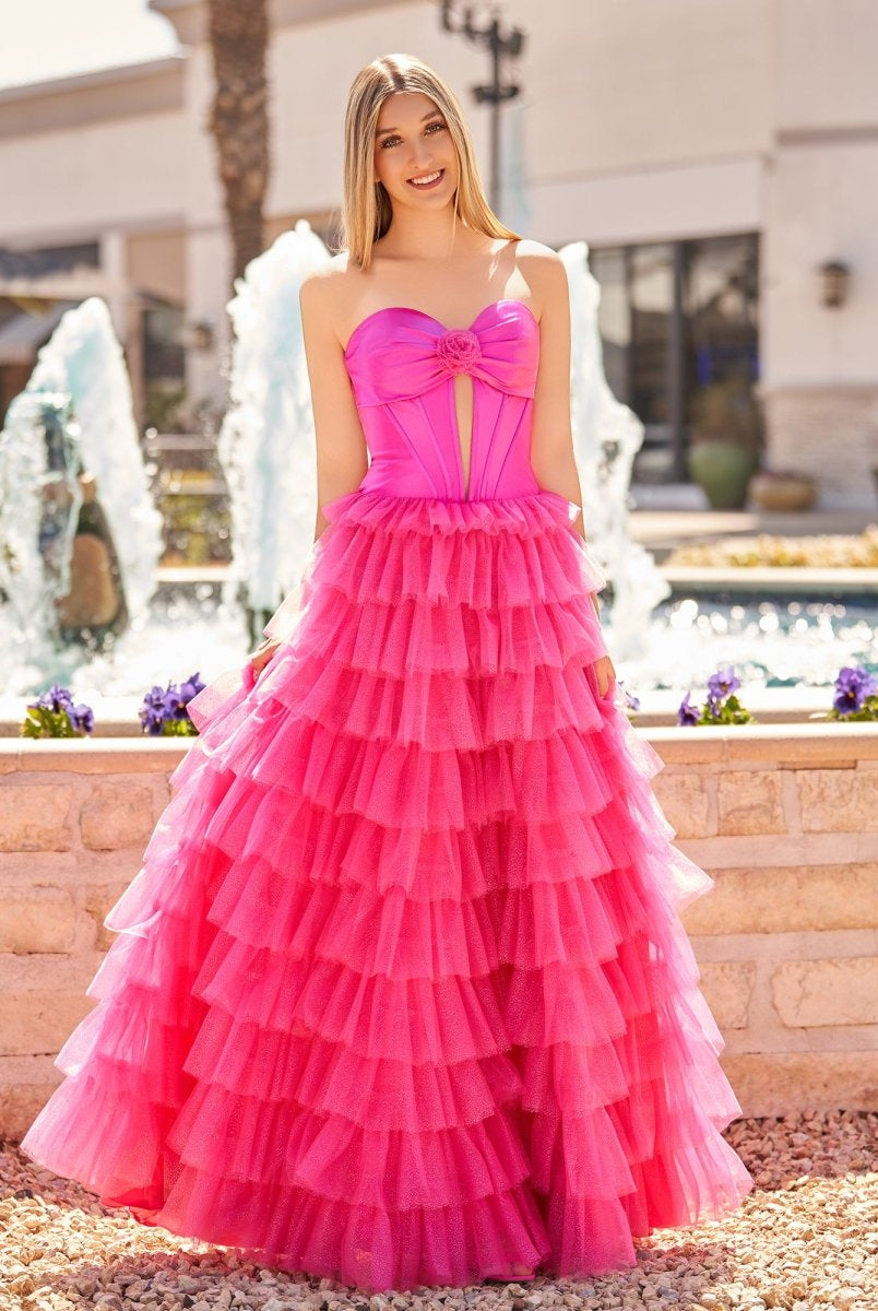 Rozara | Fuchsia A-Line Sweetheart Keyhole Tiered Tulle Long Prom Dresses