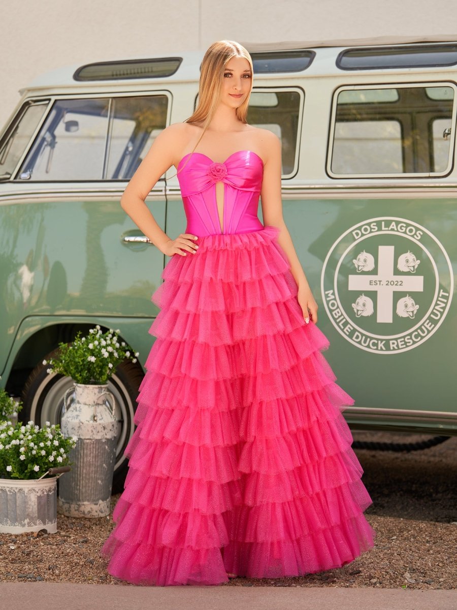 Rozara | Fuchsia A-Line Sweetheart Keyhole Tiered Tulle Long Prom Dresses