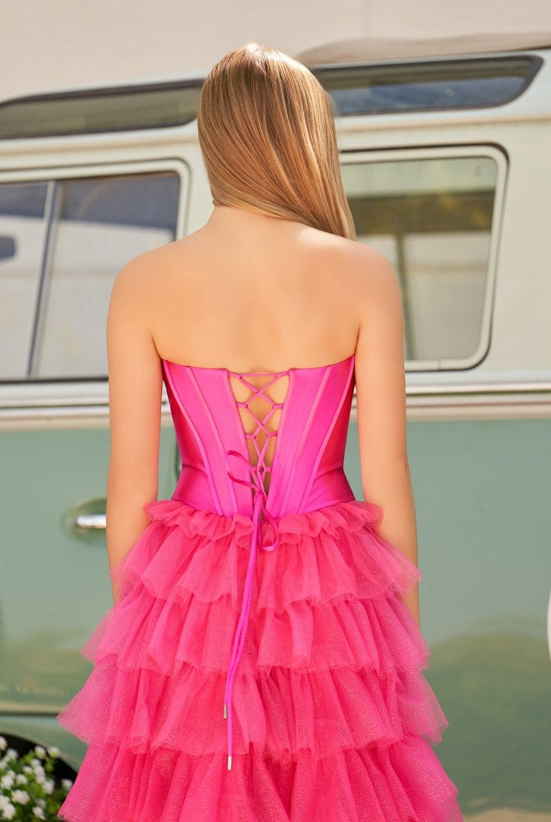 Rozara | Fuchsia A-Line Sweetheart Keyhole Tiered Tulle Long Prom Dresses