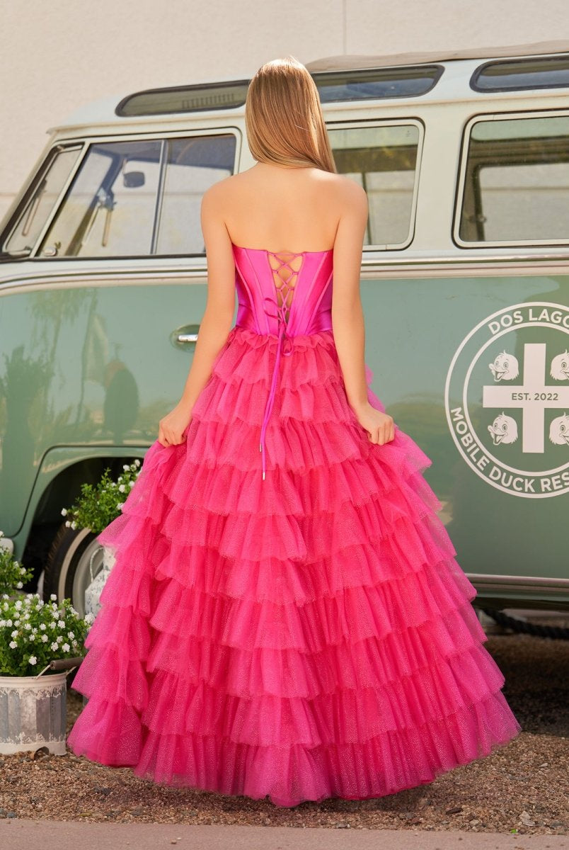 Rozara | Fuchsia A-Line Sweetheart Keyhole Tiered Tulle Long Prom Dresses