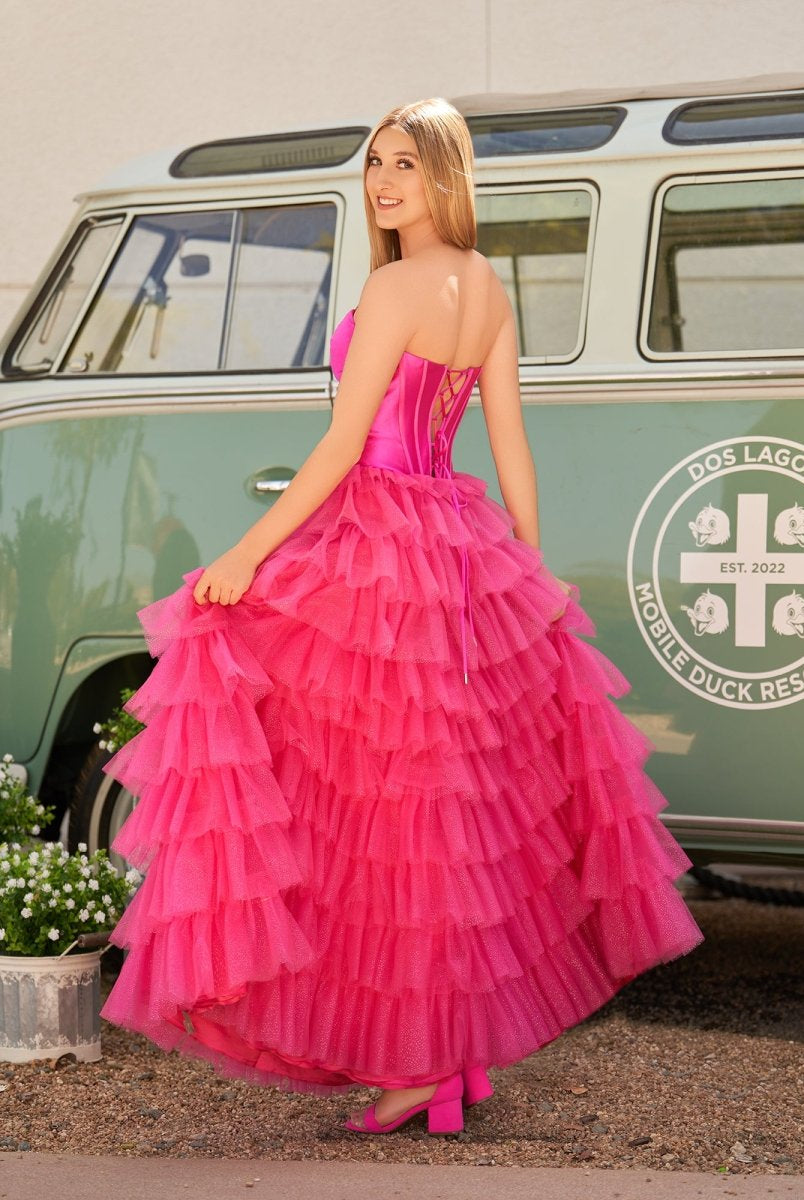Rozara | Fuchsia A-Line Sweetheart Keyhole Tiered Tulle Long Prom Dresses