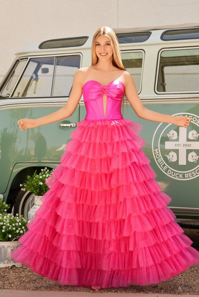 Rozara | Fuchsia A-Line Sweetheart Keyhole Tiered Tulle Long Prom Dresses
