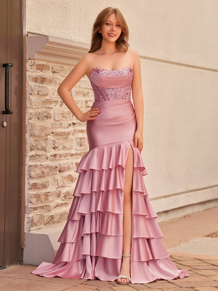 Yvonne | Charming Mermaid Strapless Pink Satin Long Prom Dresses with Appliques