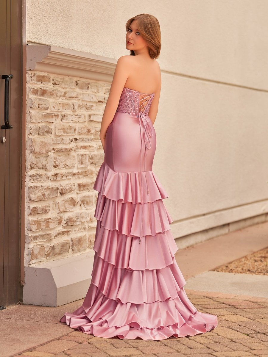 Yvonne | Charming Mermaid Strapless Pink Satin Long Prom Dresses with Appliques