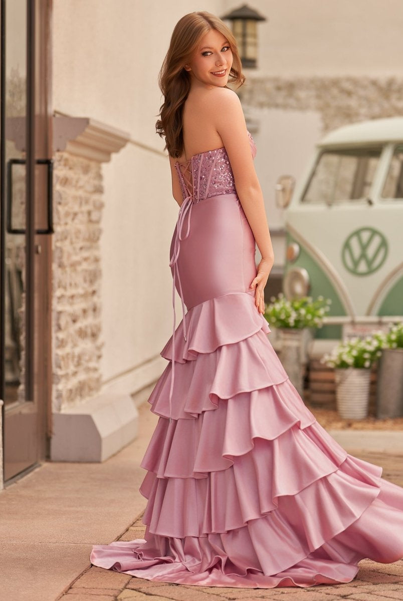 Yvonne | Charming Mermaid Strapless Pink Satin Long Prom Dresses with Appliques
