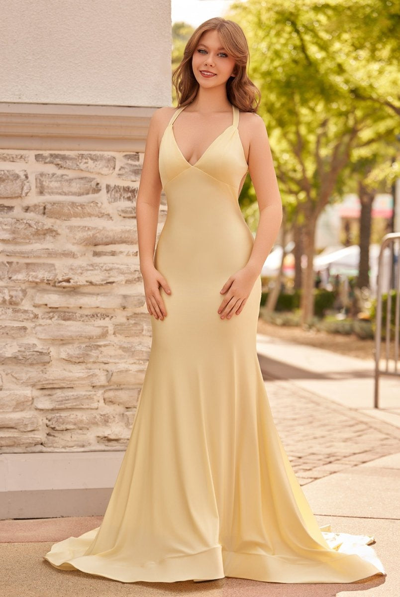 Quaylee | Yellow Mermaid V-Neck Satin Prom Dresses With Tail Evening Dress