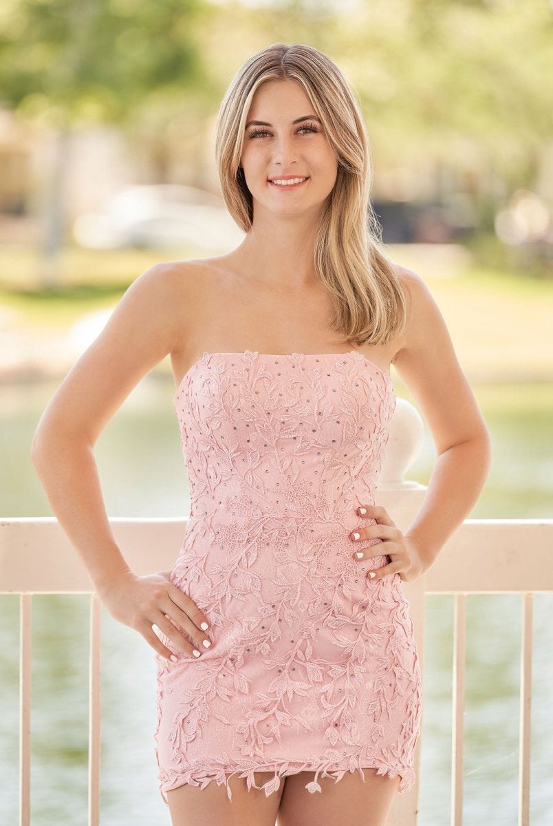 Damaris | Pink Tight Short Lace Homecoming Dress with Appliques - KissProm