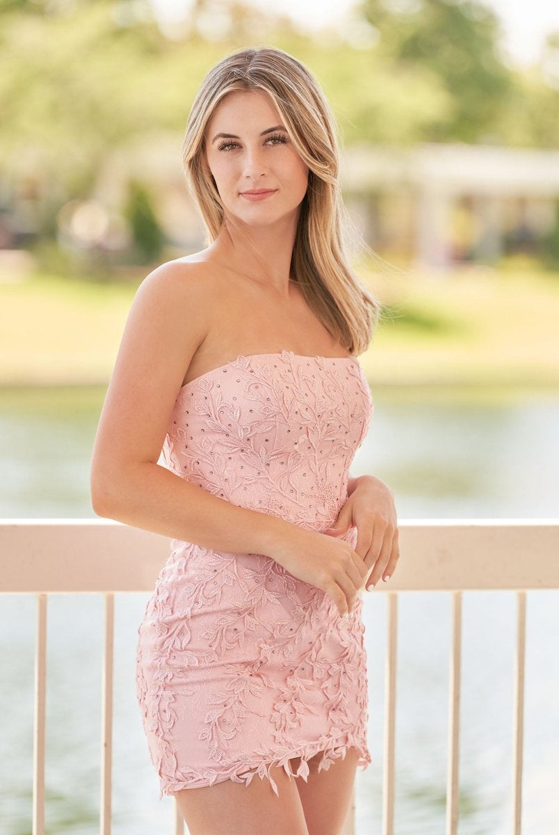 Damaris | Pink Tight Short Lace Homecoming Dress with Appliques - KissProm