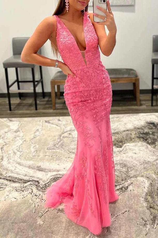 Hot Pink Mermaid Plunge V Neck Lace Prom Dress Hot Pink Mermaid Plunge V Neck Lace Prom Dress