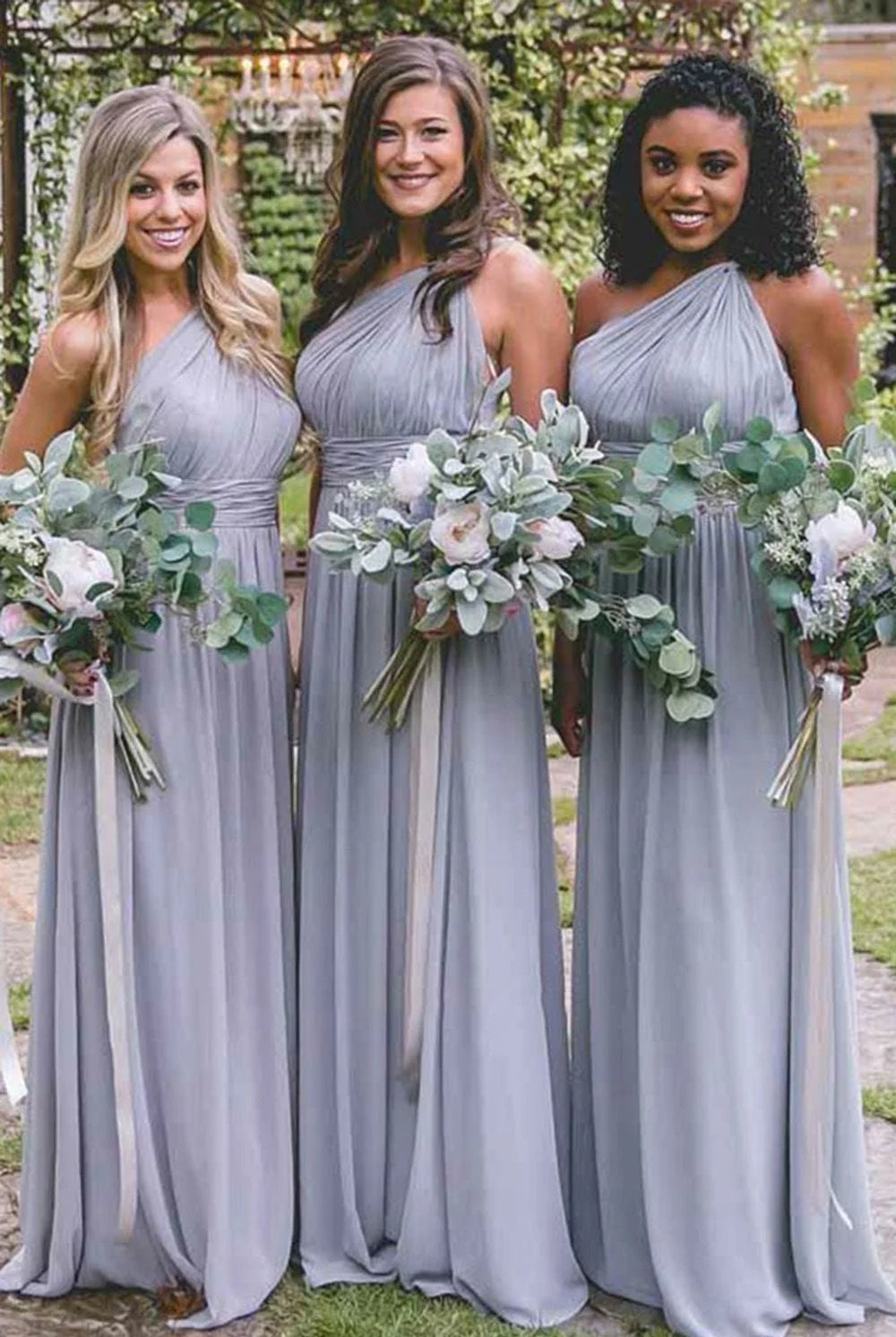 Dusty Blue One Shoulder Chiffon Long Boho Pleated Bridesmaid Dress - KissProm