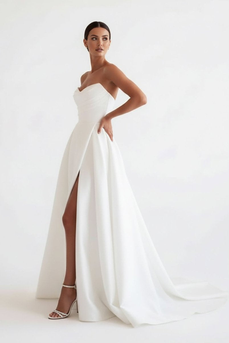 Janalee | A - Line White Sleeveless Satin Wedding Dress With Side Slit - KissProm