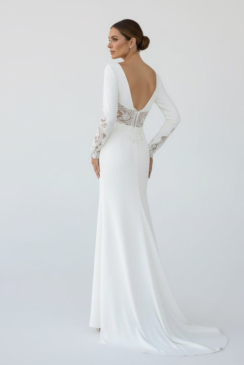 Hollynn | Casual V - neck mermaid Sweep Train Long Sleeve Wedding Dress With Slit - KissProm