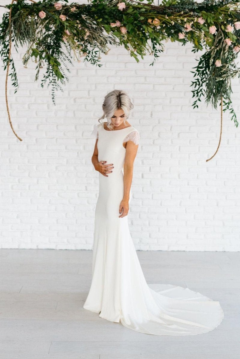 Bateau Neck Lace Cap Sleeve Sheath Satin Chiffon Dress With Cowl Back