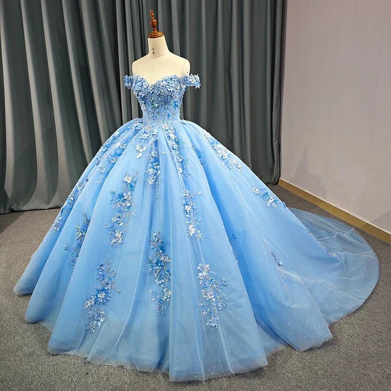 Quinceanera Dress Elegant Sweetheart Off - the - shoulder Appliques Ball Gown - KissProm