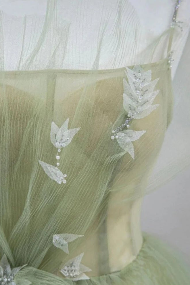 A Line Corset Back Sage Green Tulle Long Dresses