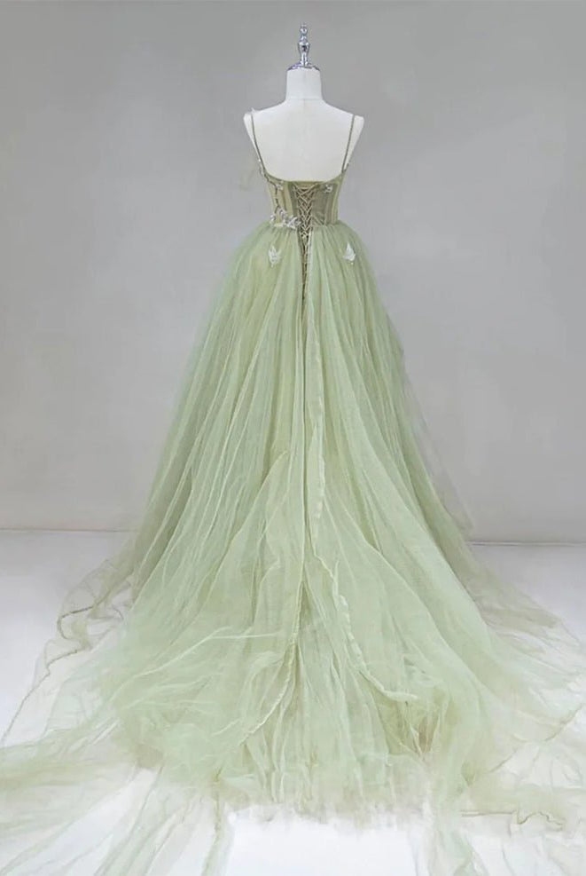 A Line Corset Back Sage Green Tulle Long Dresses