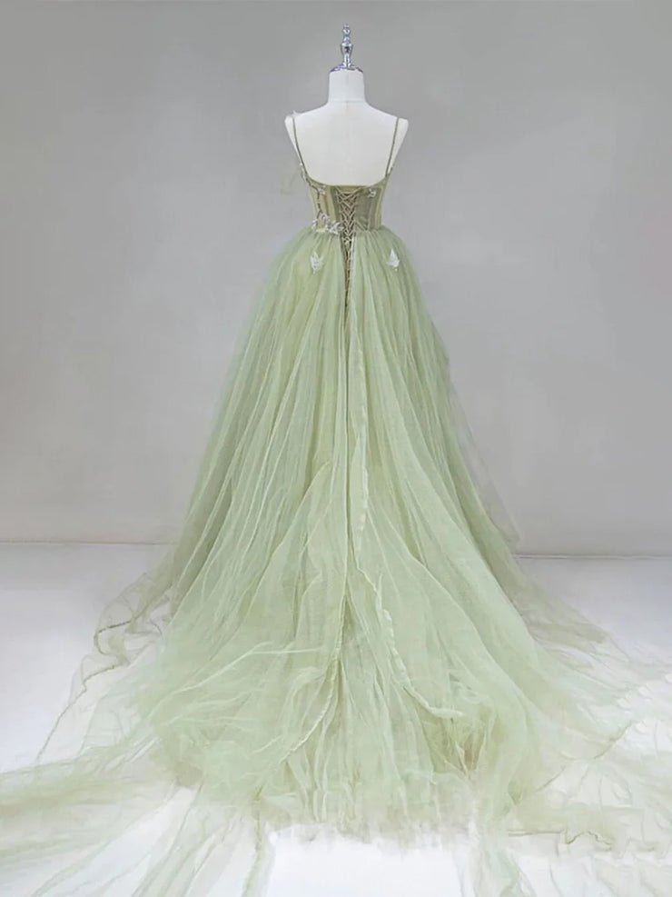 A Line Corset Back Sage Green Tulle Long Dresses