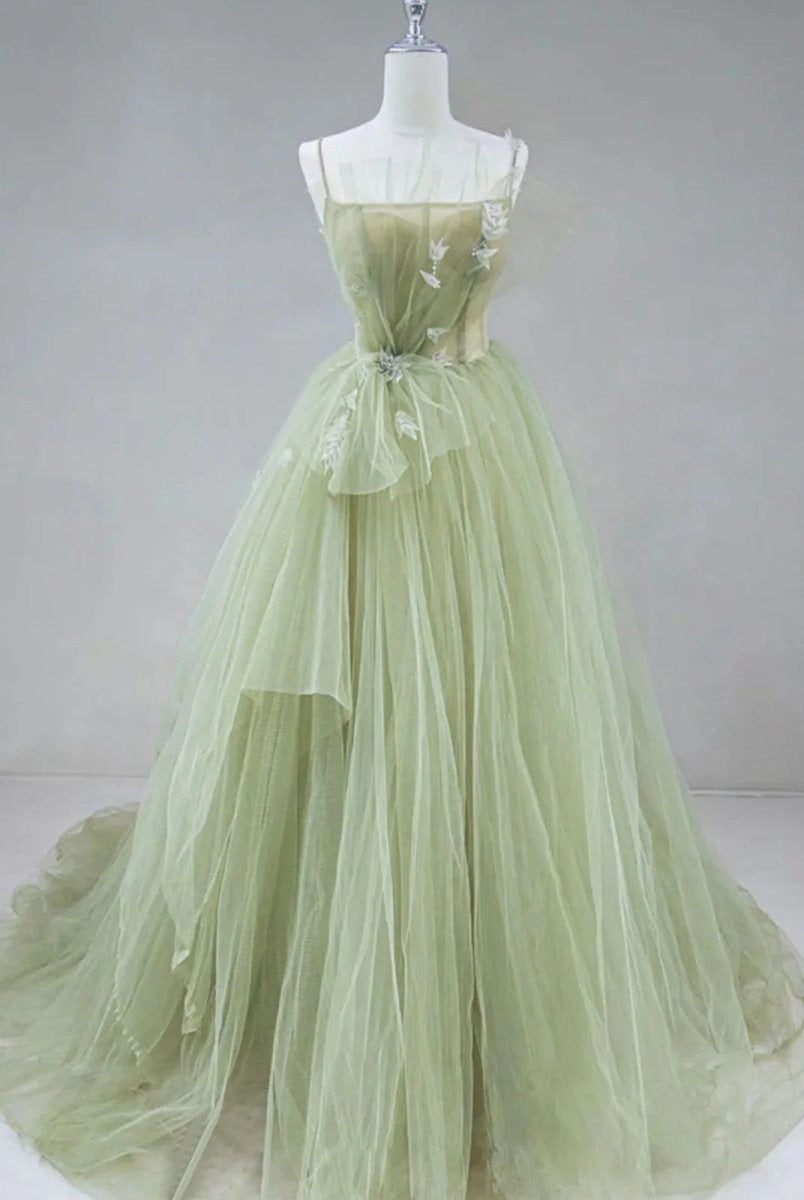 A Line Corset Back Sage Green Tulle Long Dresses