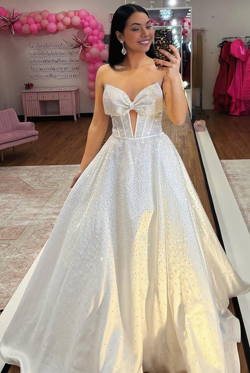 Elya | White - Strapless Satin Beaded A Line Long Prom Dresses With Bow - KissProm