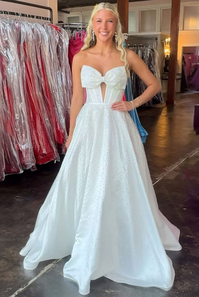 Elya | White - Strapless Satin Beaded A Line Long Prom Dresses With Bow - KissProm