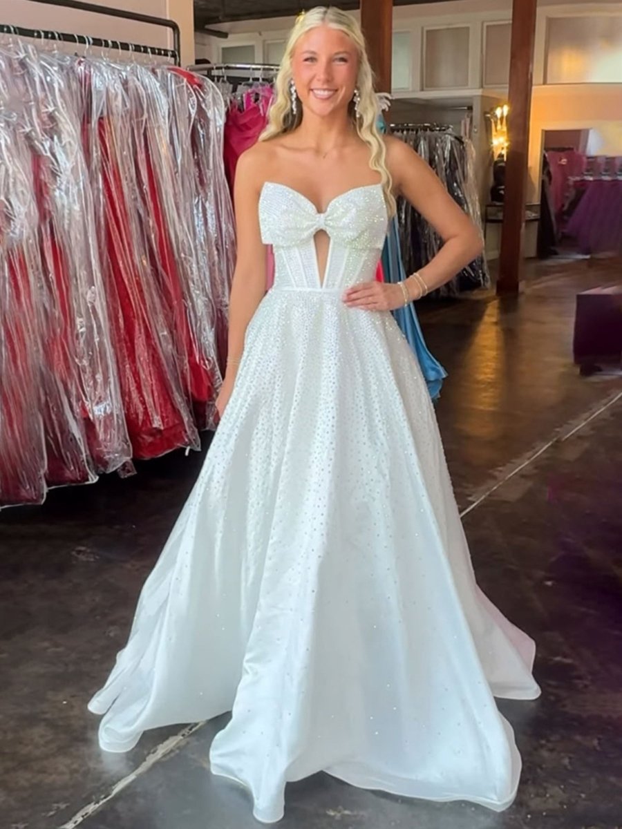 Elya | White - Strapless Satin Beaded A Line Long Prom Dresses With Bow - KissProm