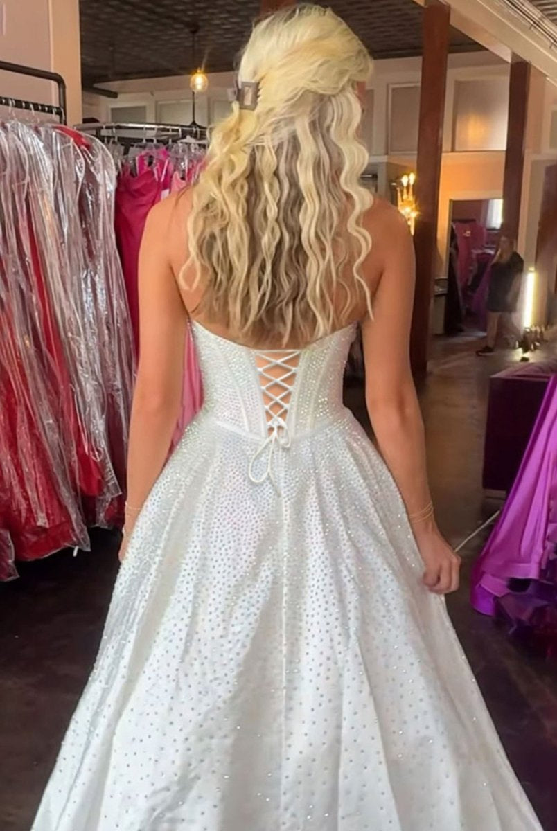 Elya | White - Strapless Satin Beaded A Line Long Prom Dresses With Bow - KissProm