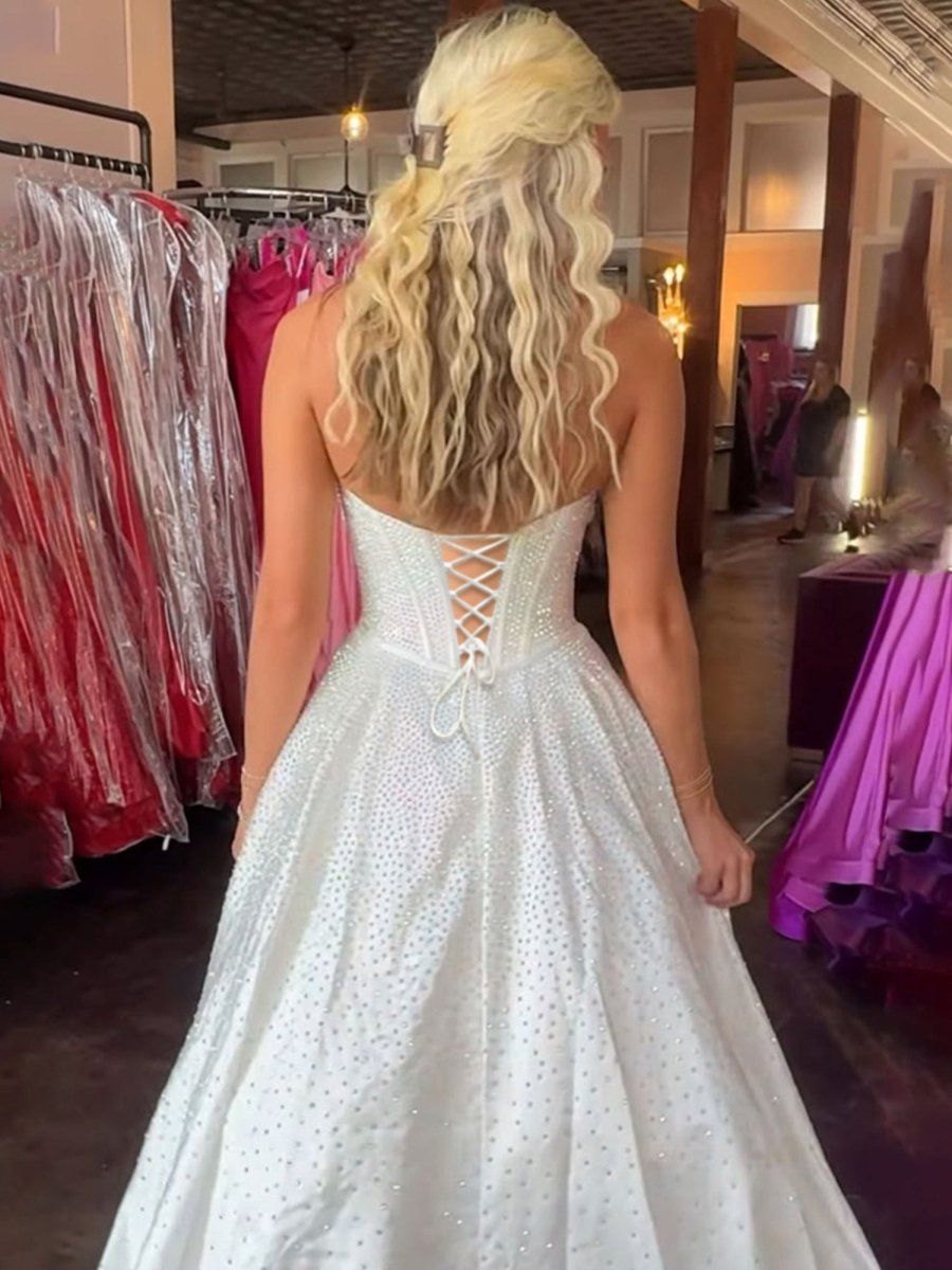 Elya | White - Strapless Satin Beaded A Line Long Prom Dresses With Bow - KissProm