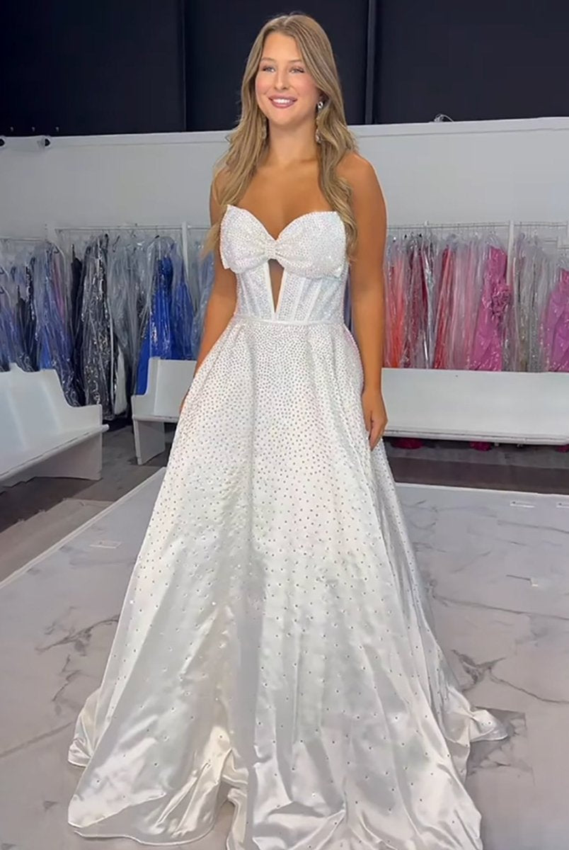 Elya | White - Strapless Satin Beaded A Line Long Prom Dresses With Bow - KissProm
