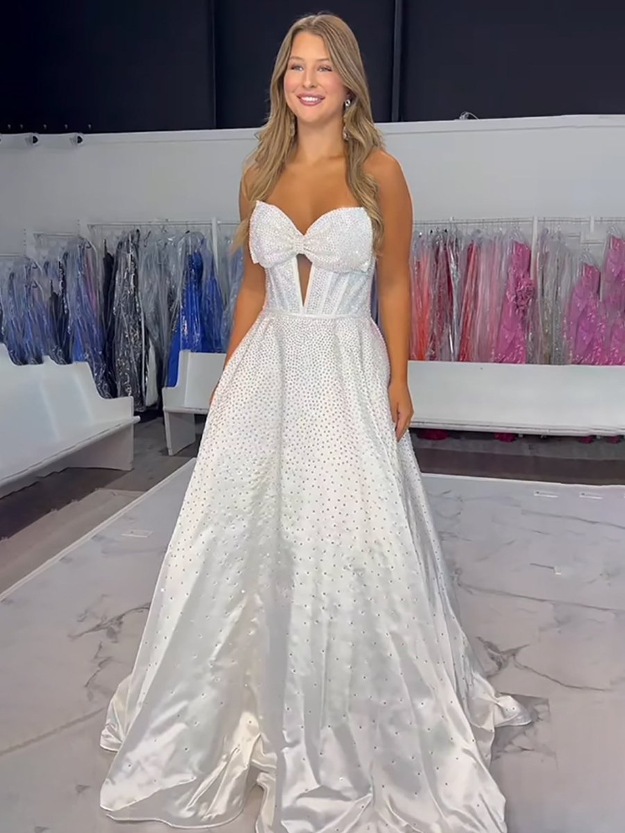 Elya | White - Strapless Satin Beaded A Line Long Prom Dresses With Bow - KissProm
