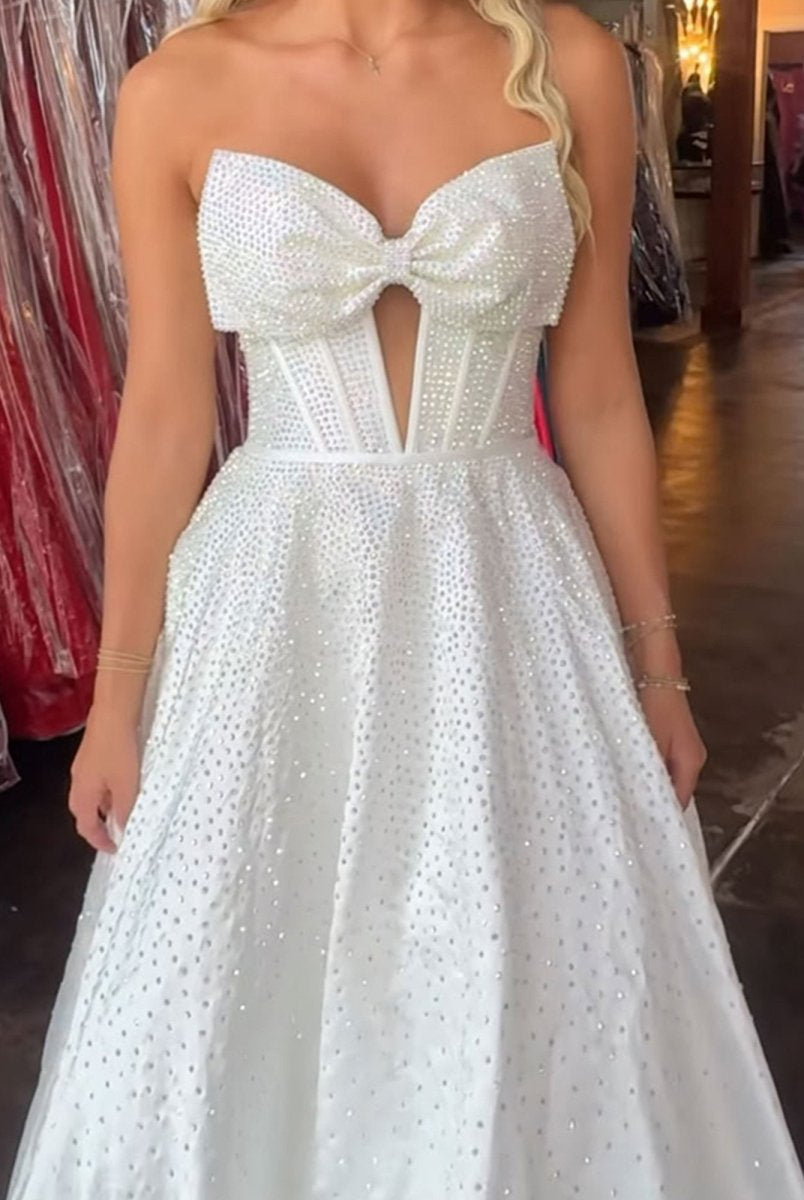 Elya | White - Strapless Satin Beaded A Line Long Prom Dresses With Bow - KissProm
