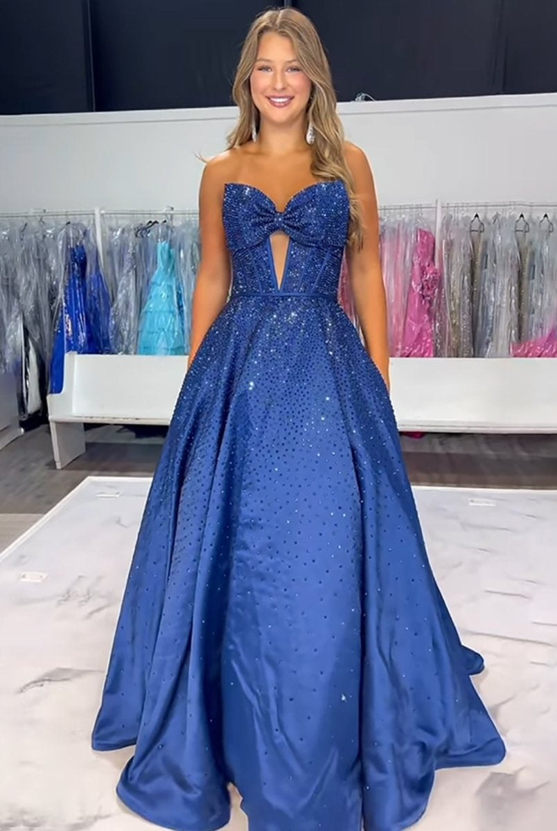 Elya | Navy Blue - Strapless Satin Beaded A Line Long Prom Dresses With Bow - KissProm