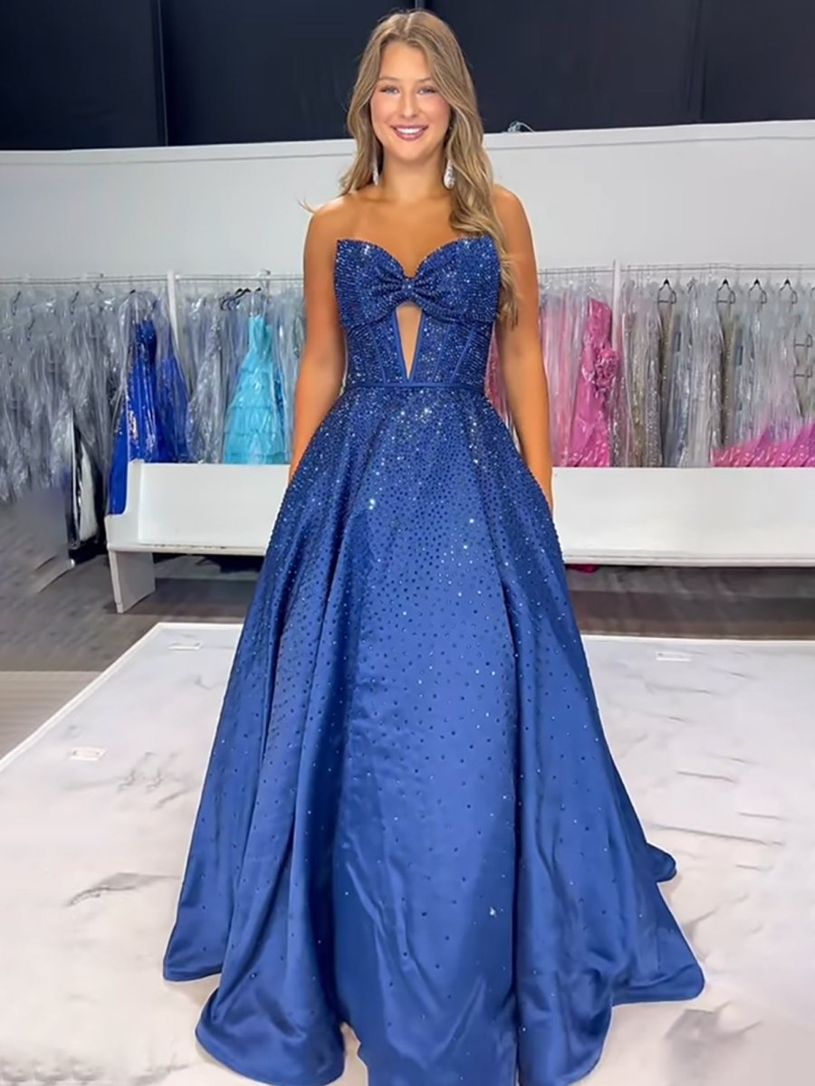 Elya | Navy Blue - Strapless Satin Beaded A Line Long Prom Dresses With Bow - KissProm