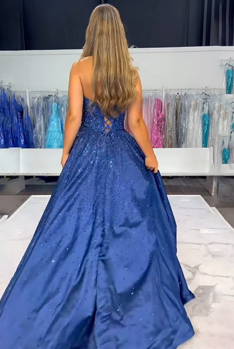 Elya | Navy Blue - Strapless Satin Beaded A Line Long Prom Dresses With Bow - KissProm