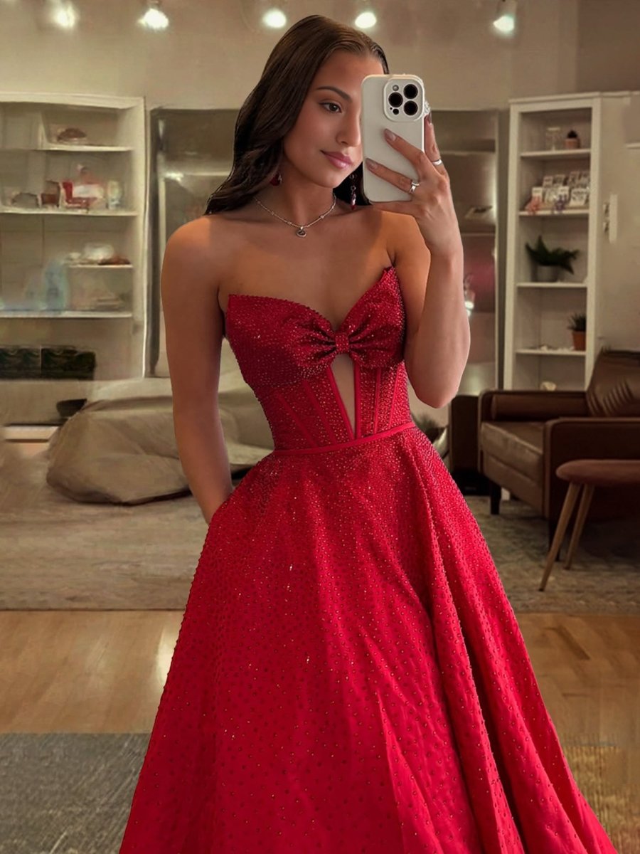 Elya | Red - Strapless Satin Beaded A Line Long Prom Dresses With Bow - KissProm