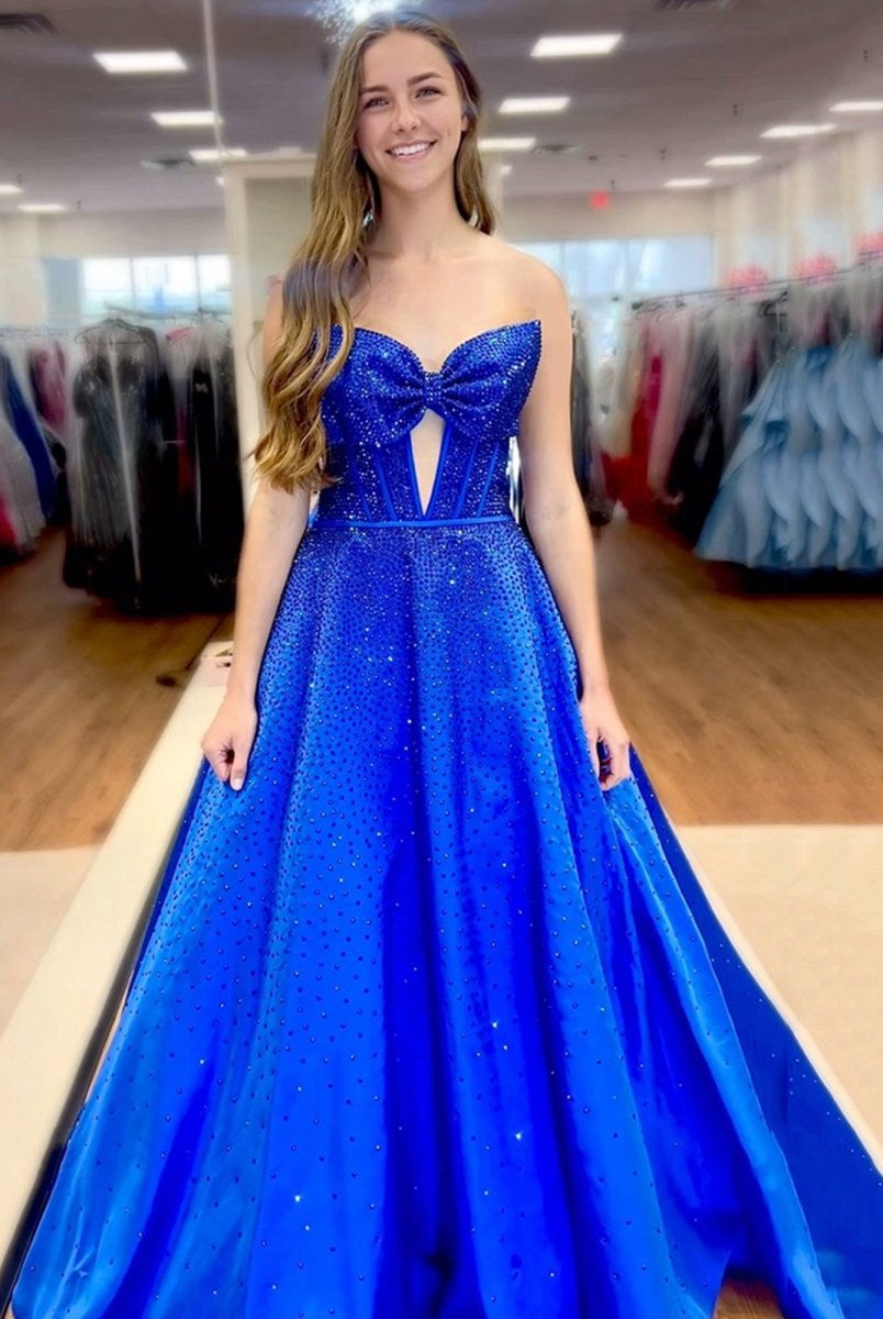 Elya | Royal Blue - Strapless Satin Beaded A Line Long Prom Dresses With Bow - KissProm