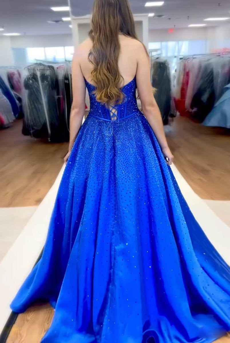 Elya | Royal Blue - Strapless Satin Beaded A Line Long Prom Dresses With Bow - KissProm