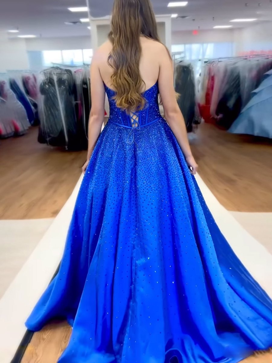 Elya | Royal Blue - Strapless Satin Beaded A Line Long Prom Dresses With Bow - KissProm