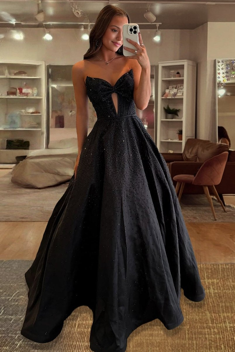 Elya | Black - Strapless Satin Beaded A Line Long Prom Dresses With Bow - KissProm