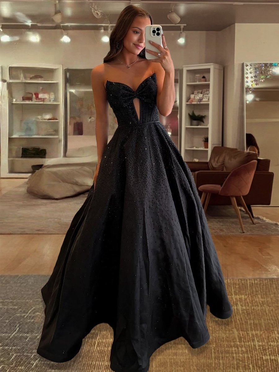 Elya | Black - Strapless Satin Beaded A Line Long Prom Dresses With Bow - KissProm
