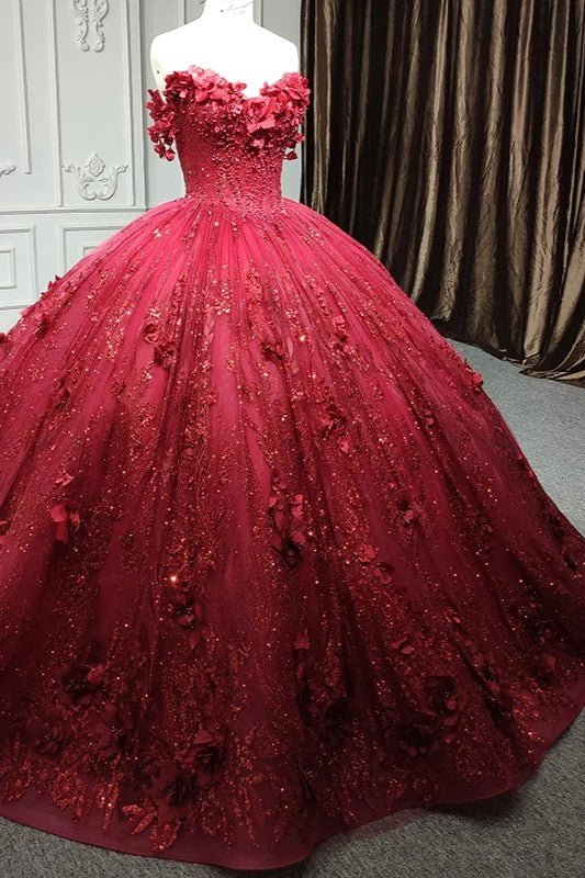 Quinceanera Dress Exquisite Red Pearls Sleeveless Quinceanera Dresses 3D Appliques Party Dresses - KissProm