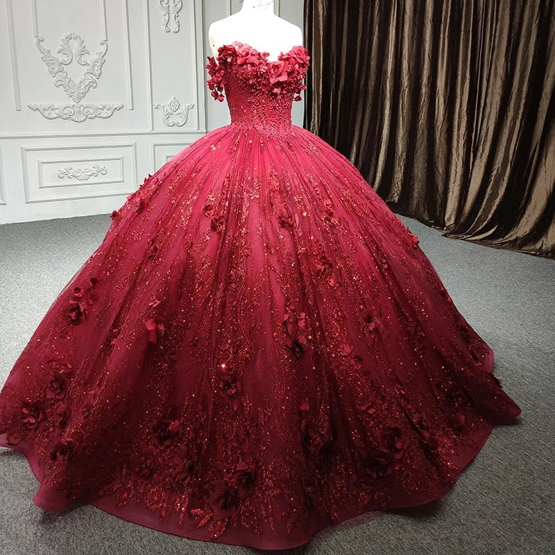 Quinceanera Dress Exquisite Red Pearls Sleeveless Quinceanera Dresses 3D Appliques Party Dresses - KissProm