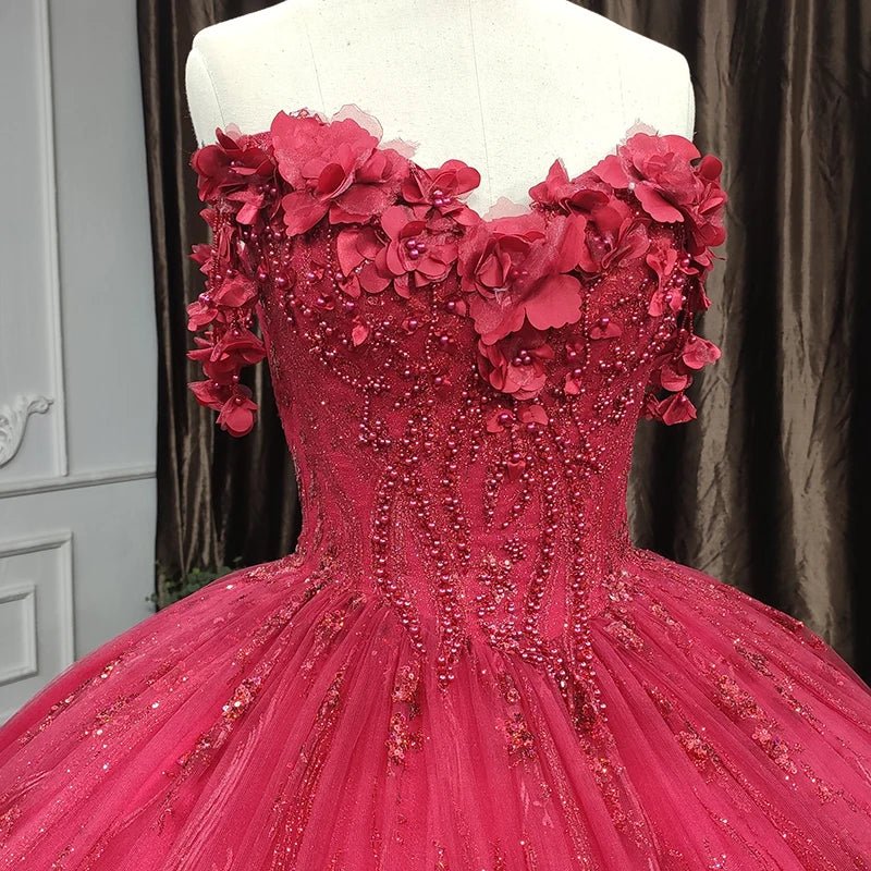Quinceanera Dress Exquisite Red Pearls Sleeveless Quinceanera Dresses 3D Appliques Party Dresses - KissProm