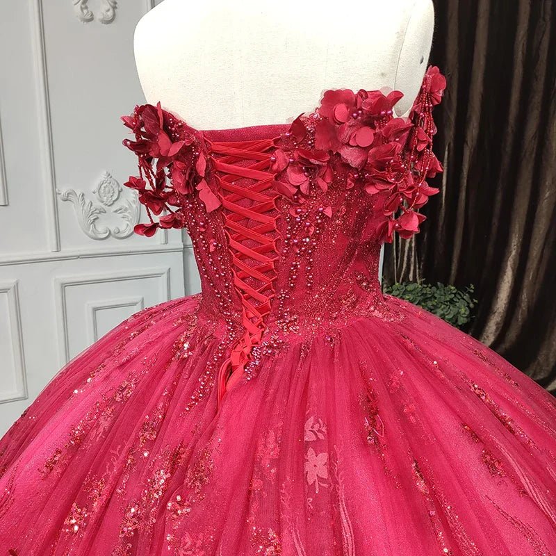 Quinceanera Dress Exquisite Red Pearls Sleeveless Quinceanera Dresses 3D Appliques Party Dresses - KissProm