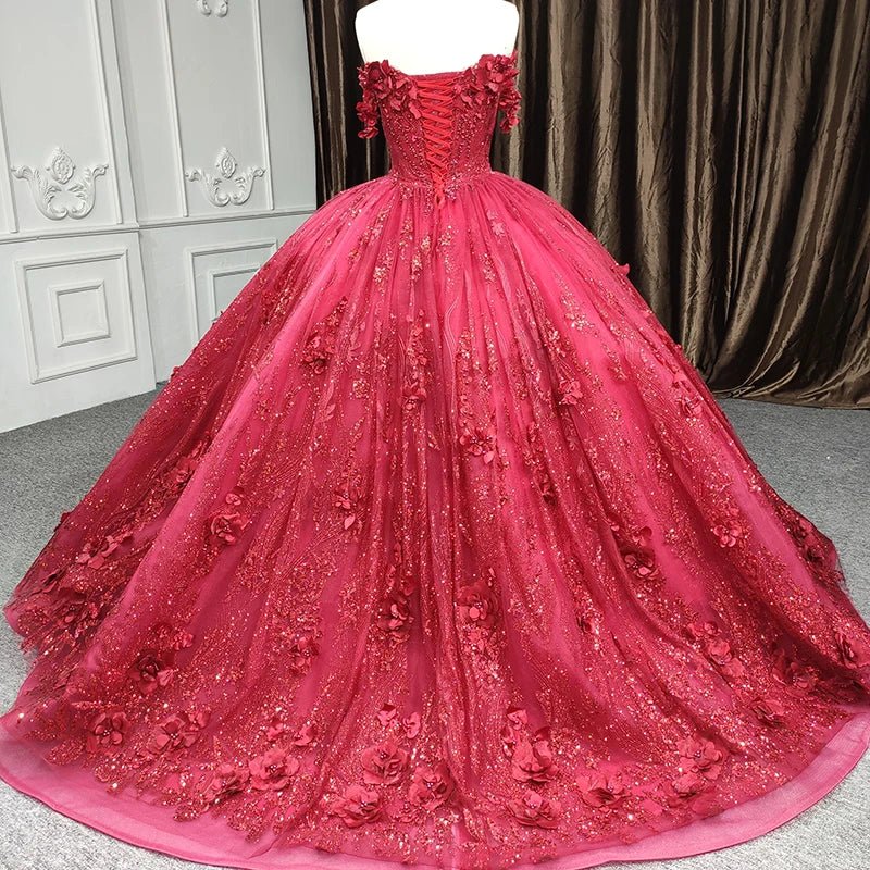Quinceanera Dress Exquisite Red Pearls Sleeveless Quinceanera Dresses 3D Appliques Party Dresses - KissProm