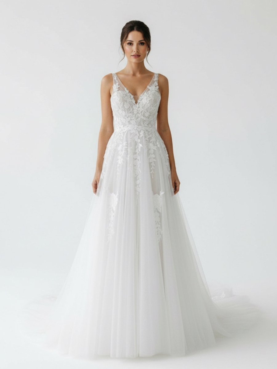 Malaya | A-Line V Back Long White Wedding Dress with Lace Appliqued