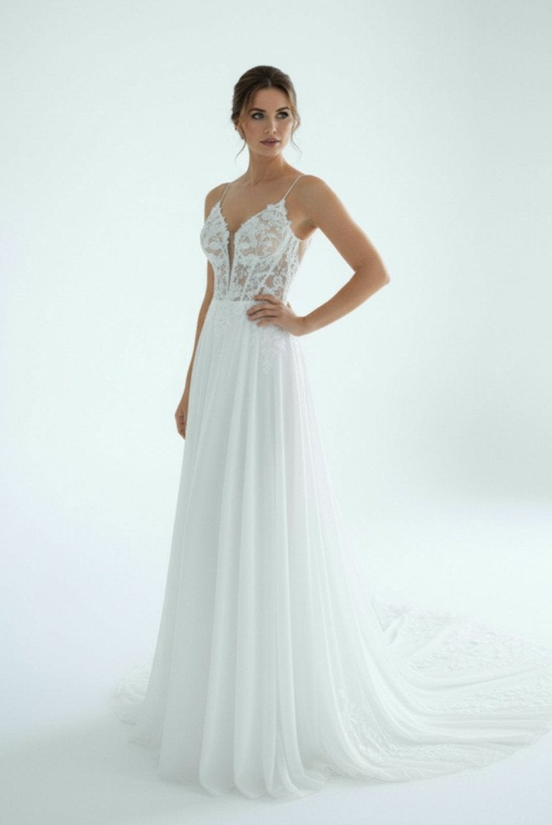 A - Line V Neck Chiffon Boho White Appliques Wedding Dresses - KissProm