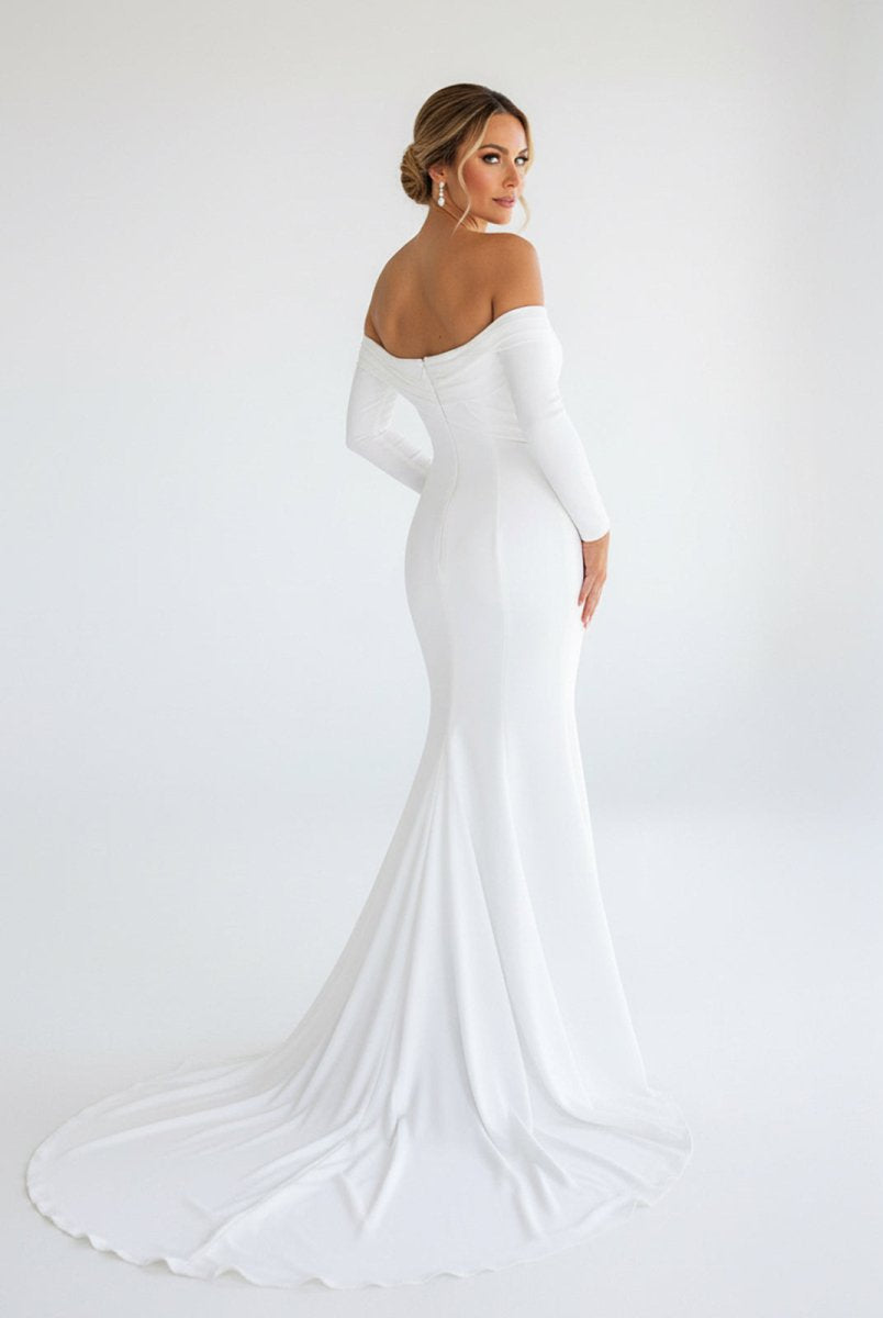 Pearl | Simple White Boho Mermaid Long Wedding Dress with Sleeves - KissProm