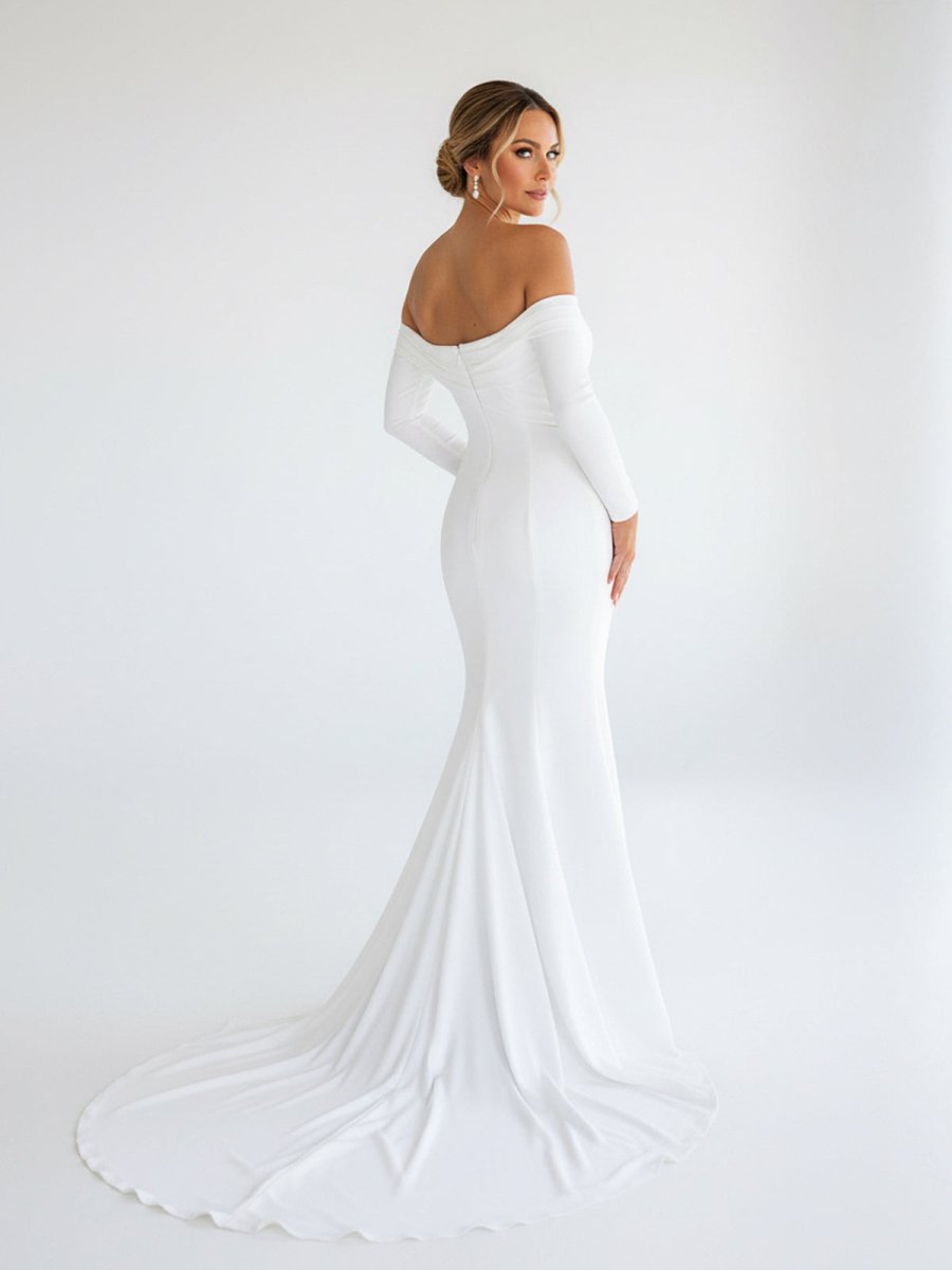 Pearl | Simple White Boho Mermaid Long Wedding Dress with Sleeves - KissProm
