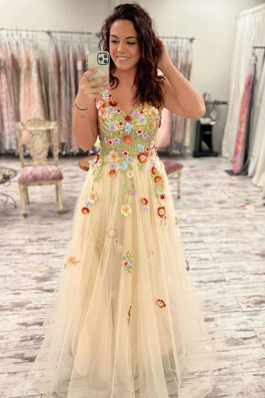 Alina | Gorgeous V - Neck Floral Long Formal Dress with Embroidery - KissProm